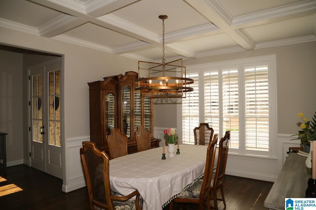 dining room with dark wood-style floors, a notable chandelier, coffered ceiling, and beam ceiling