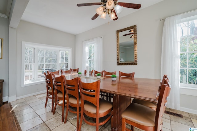 dining area featuring light tile patterned floors, visible vents, baseboards, and ceiling fan