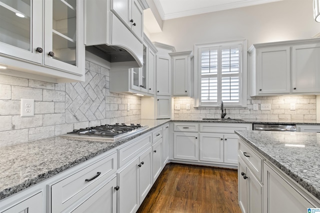 kitchen with a sink, white cabinets, ornamental molding, appliances with stainless steel finishes, and custom exhaust hood