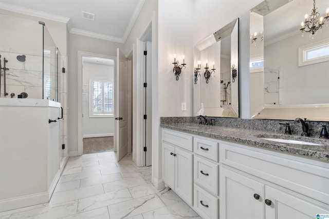 bathroom featuring a shower stall, marble finish floor, a sink, and crown molding