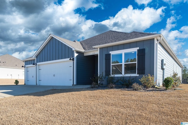 ranch-style house with a front yard, driveway, a shingled roof, a garage, and board and batten siding