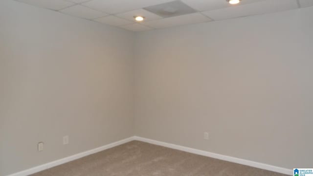 empty room with a paneled ceiling, carpet, and baseboards