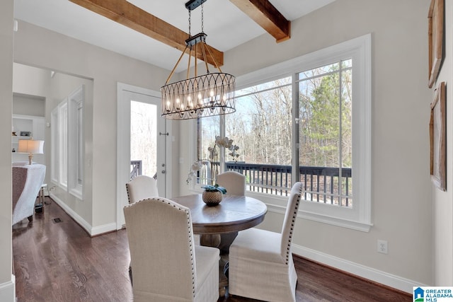 dining space with a chandelier, dark wood-style flooring, beamed ceiling, and baseboards