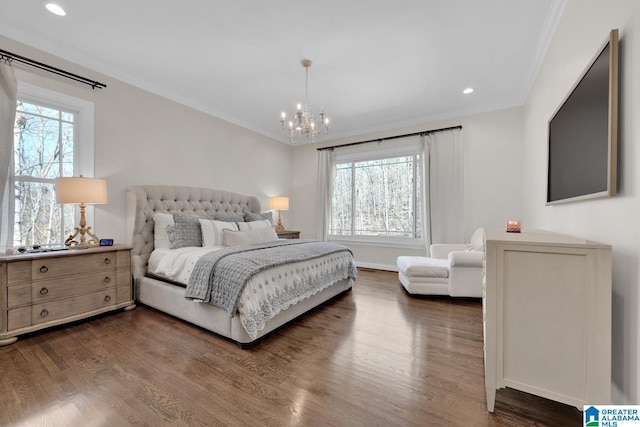 bedroom with ornamental molding, dark wood-style flooring, multiple windows, and a notable chandelier