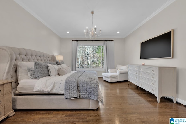 bedroom featuring baseboards, ornamental molding, dark wood-style flooring, a notable chandelier, and recessed lighting