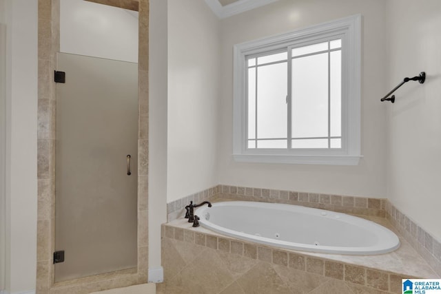 bathroom with a jetted tub and a shower stall