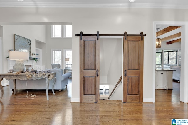 interior space with plenty of natural light, a barn door, and wood finished floors