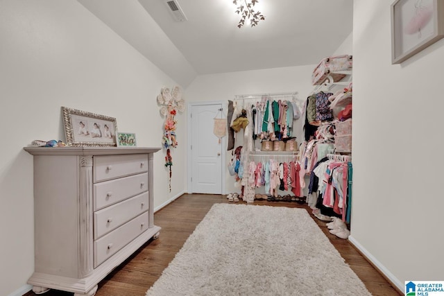 walk in closet with visible vents and wood finished floors