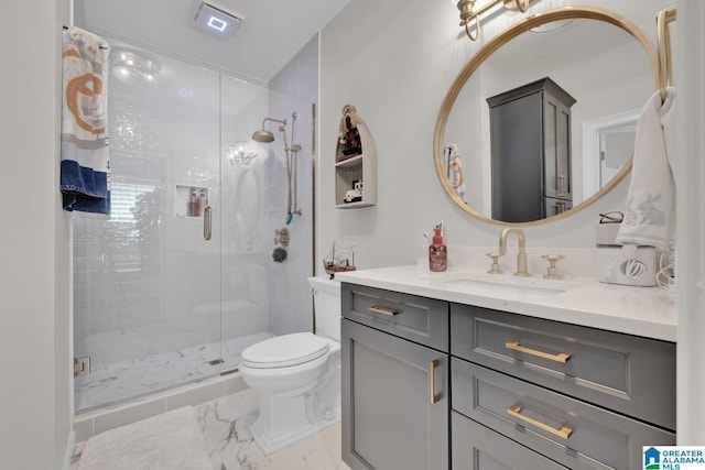 bathroom with toilet, marble finish floor, a shower stall, and vanity