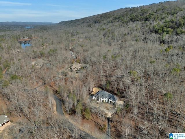 birds eye view of property featuring a wooded view