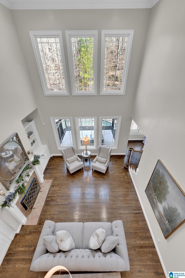 living area with wood finished floors, a towering ceiling, and baseboards