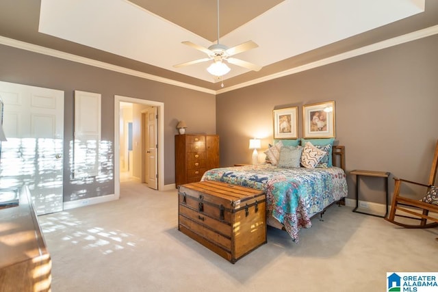 bedroom featuring ornamental molding, light colored carpet, ceiling fan, and baseboards