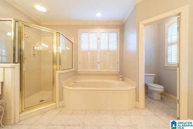 bathroom featuring ornamental molding, a shower stall, toilet, and a bath