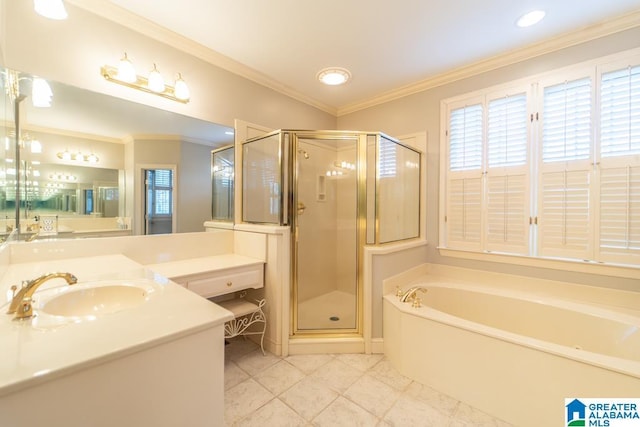 bathroom with a garden tub, vanity, a shower stall, tile patterned floors, and crown molding