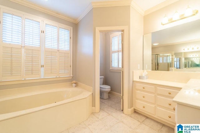 full bathroom with a garden tub, toilet, ornamental molding, a shower stall, and vanity