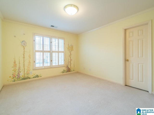 unfurnished room featuring carpet floors, ornamental molding, and visible vents