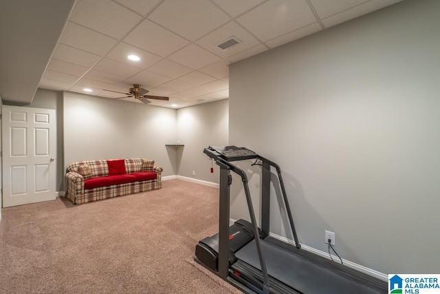 exercise room with recessed lighting, visible vents, a ceiling fan, carpet flooring, and baseboards