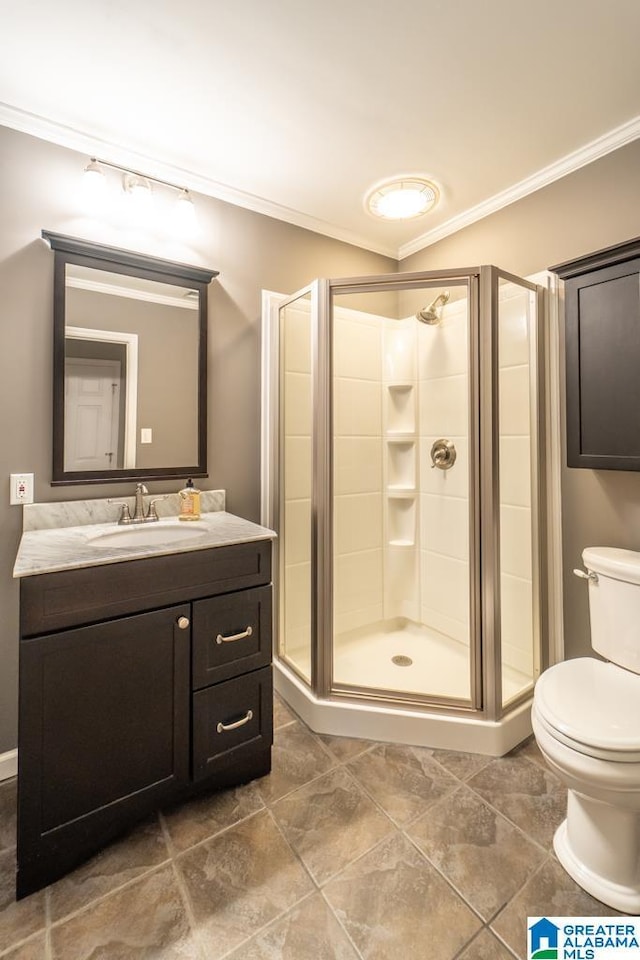 full bath with ornamental molding and a shower stall