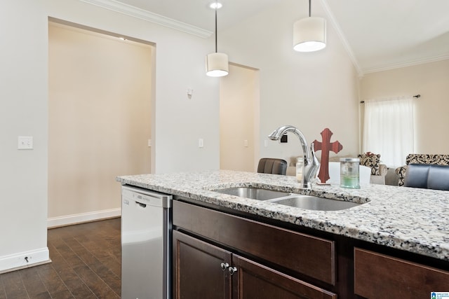 kitchen featuring dishwasher, ornamental molding, dark brown cabinets, and a sink