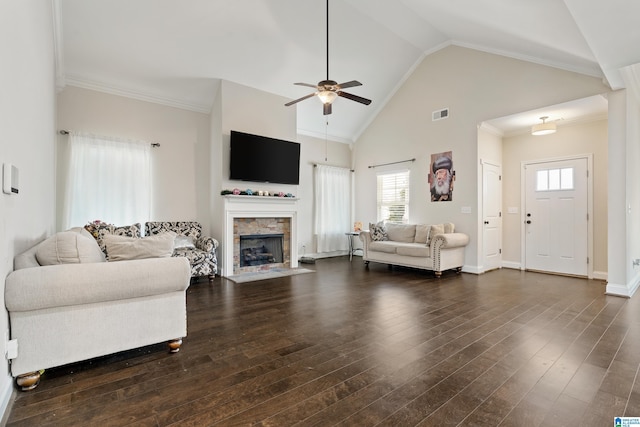 living room with visible vents, high vaulted ceiling, a ceiling fan, a fireplace, and dark wood-style flooring