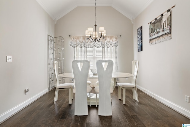 dining area featuring baseboards, lofted ceiling, an inviting chandelier, and dark wood-style flooring