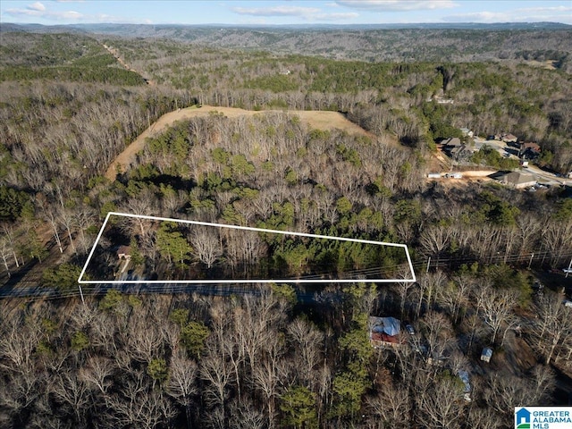 drone / aerial view with a wooded view