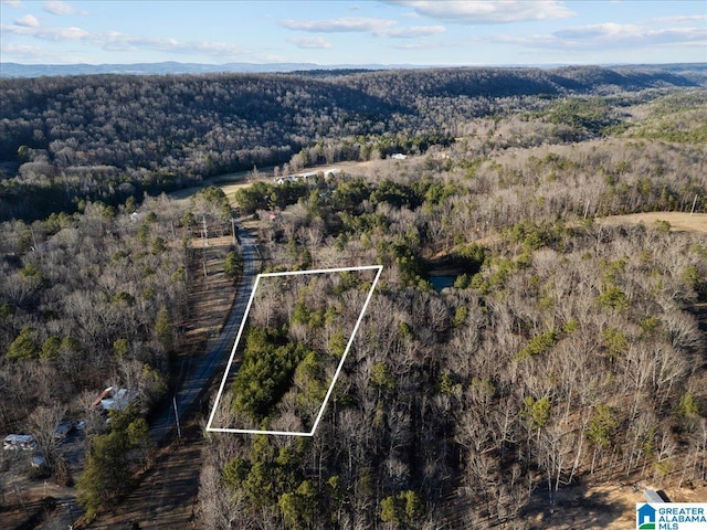 drone / aerial view featuring a forest view