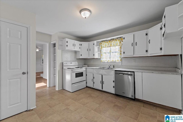 kitchen featuring white electric range oven, light countertops, stainless steel dishwasher, and open shelves