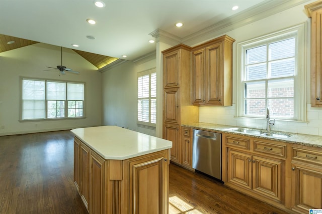 kitchen with a sink, stainless steel dishwasher, brown cabinets, tasteful backsplash, and dark wood finished floors