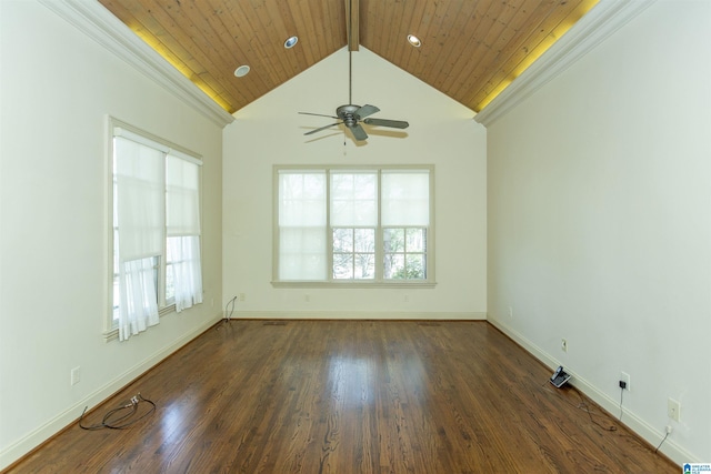 empty room with vaulted ceiling with beams, baseboards, wood finished floors, and a healthy amount of sunlight