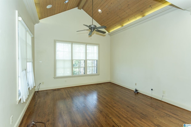 spare room featuring visible vents, baseboards, wood ceiling, wood finished floors, and beamed ceiling