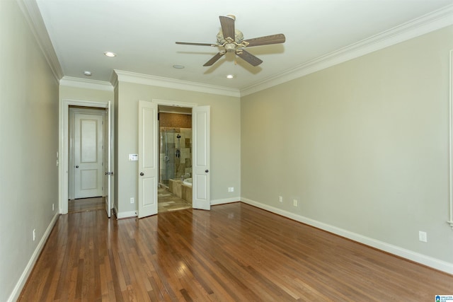 unfurnished bedroom featuring recessed lighting, ensuite bathroom, ornamental molding, wood finished floors, and baseboards