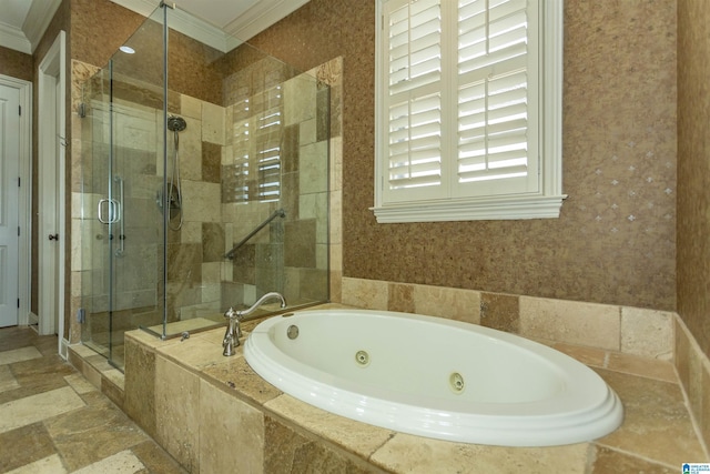 full bathroom featuring wallpapered walls, a stall shower, and crown molding