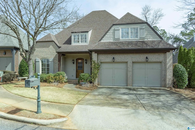 view of front of property featuring concrete driveway, brick siding, and roof with shingles