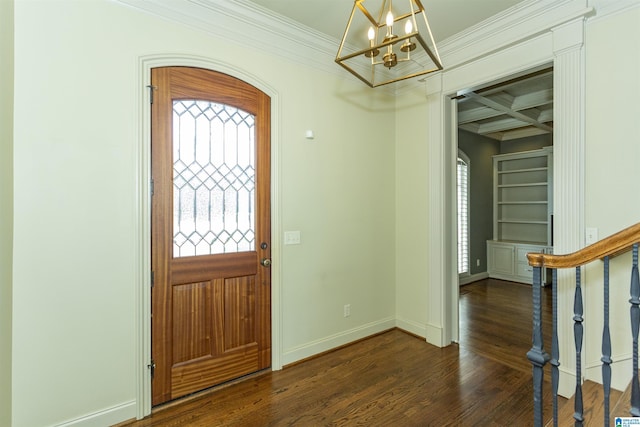 foyer entrance with stairway, dark wood-style flooring, coffered ceiling, and a wealth of natural light