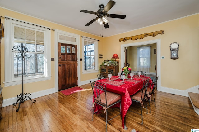 dining area with a ceiling fan, wood-type flooring, and baseboards