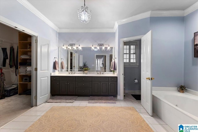 bathroom featuring double vanity, crown molding, and tile patterned floors