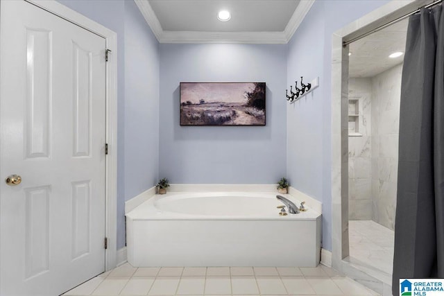 full bathroom featuring ornamental molding, tiled shower, a garden tub, and recessed lighting