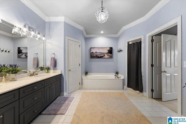 bathroom with a garden tub, vanity, ornamental molding, and tile patterned floors