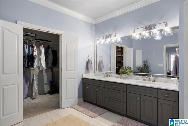 bathroom featuring double vanity, crown molding, a walk in closet, and a sink