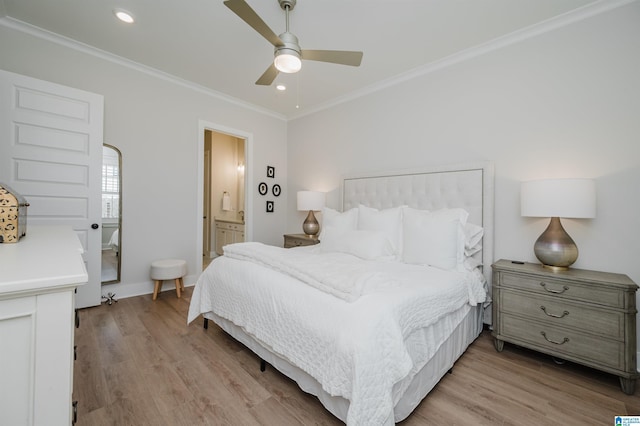 bedroom featuring recessed lighting, baseboards, crown molding, and light wood finished floors