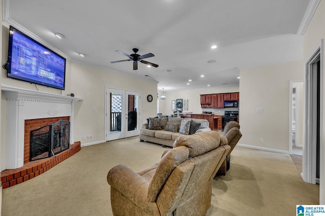 living area featuring recessed lighting, light colored carpet, crown molding, and baseboards