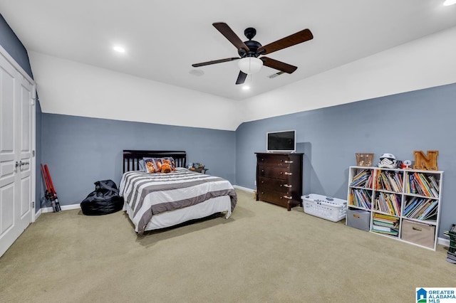 bedroom with carpet, baseboards, lofted ceiling, recessed lighting, and ceiling fan