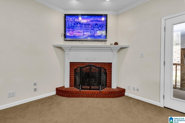 unfurnished living room featuring baseboards, carpet floors, a brick fireplace, and crown molding