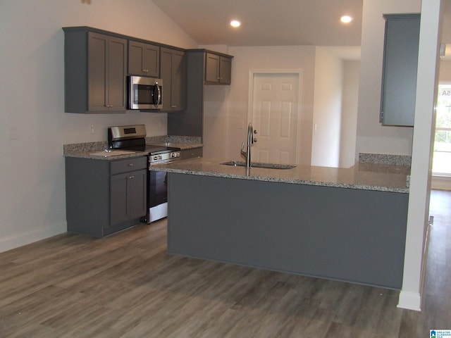 kitchen featuring a peninsula, stone countertops, stainless steel appliances, and a sink