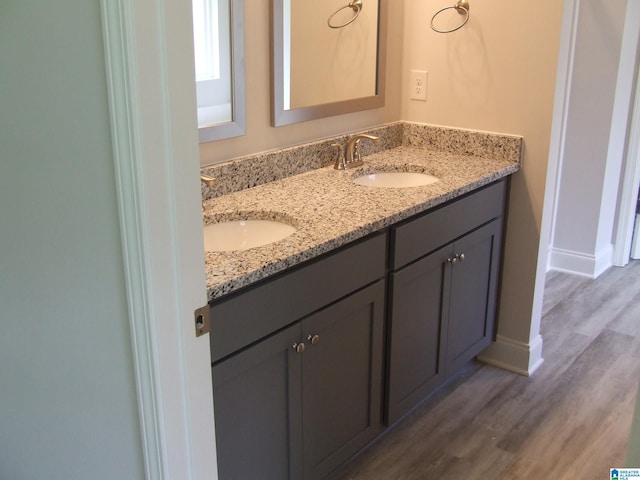 full bath featuring double vanity, wood finished floors, a sink, and baseboards