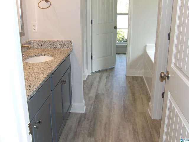 bathroom with vanity, baseboards, and wood finished floors