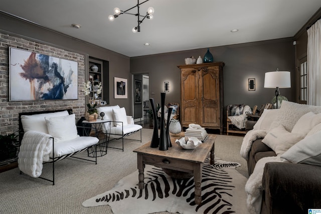 living area with crown molding, recessed lighting, and a chandelier