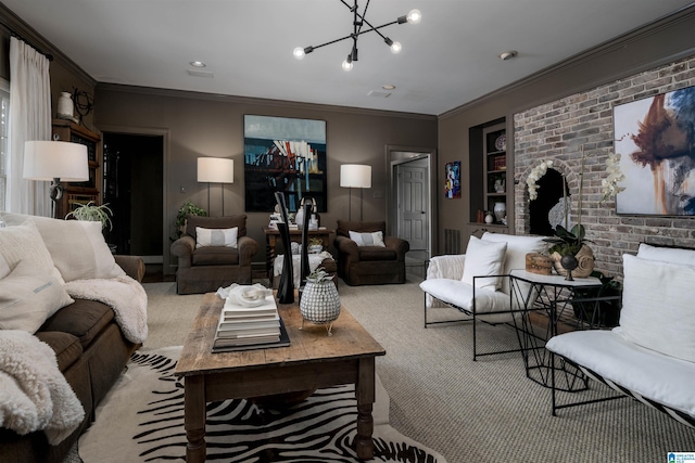 carpeted living room featuring an inviting chandelier and crown molding