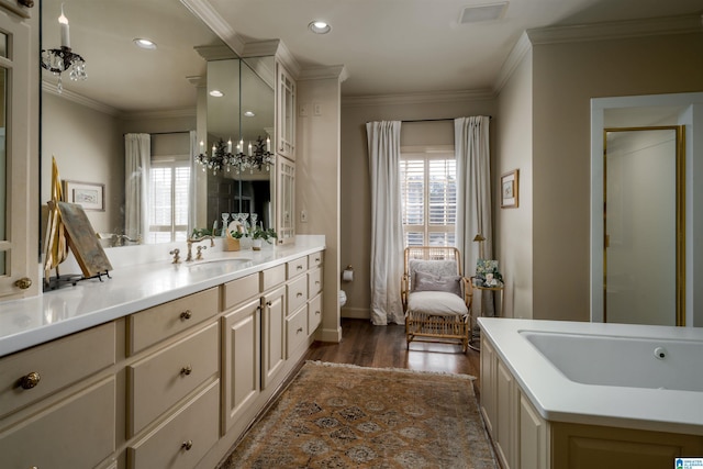 bathroom featuring toilet, crown molding, plenty of natural light, and visible vents